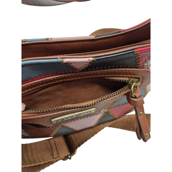 Frye & Co. Geometric Patchwork Leather Crossbody Shoulderbag Purse Brown Brass - Picture 6 of 14